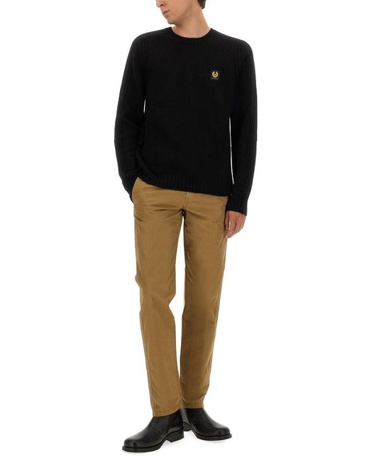 Belstaff Black Ribbed Merino Wool Sweater With Logo Patch for men