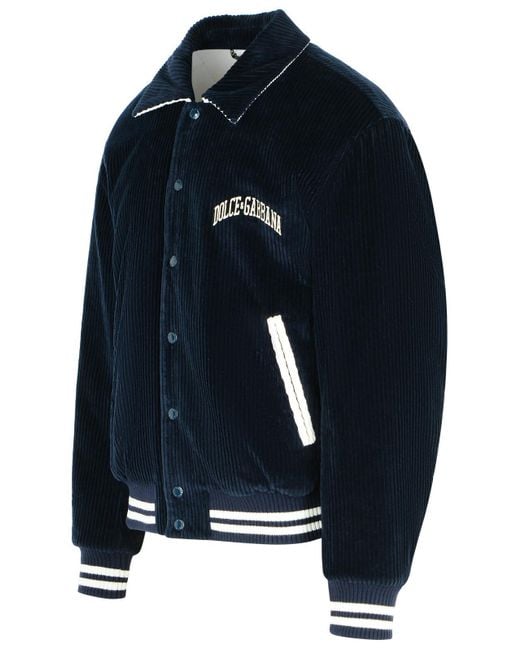 Dolce & Gabbana Blue Corduroy Jacket With Embroidered Logo for men