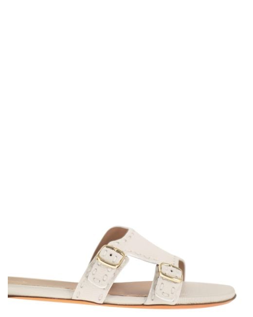 Santoni White Leather Flat Sandals With Double Buckle Straps