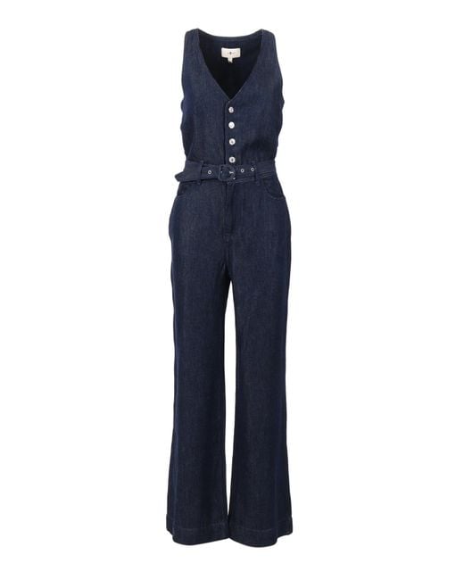 7 For All Mankind Blue Dark Wide Leg Tailored Jumpsuit Dark Rinse With Self Belt