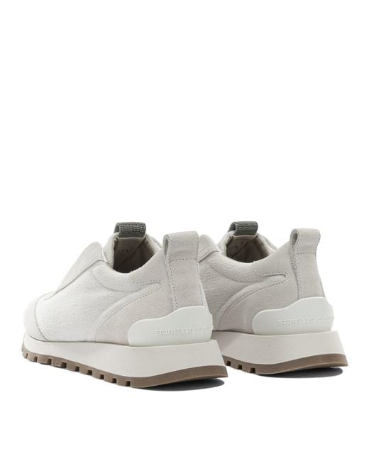 Brunello Cucinelli White Canvas And Suede Sneaker With Precious Detail