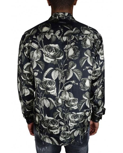 Roberto Cavalli Black Floral Print Silk Shirt With Button Front for men