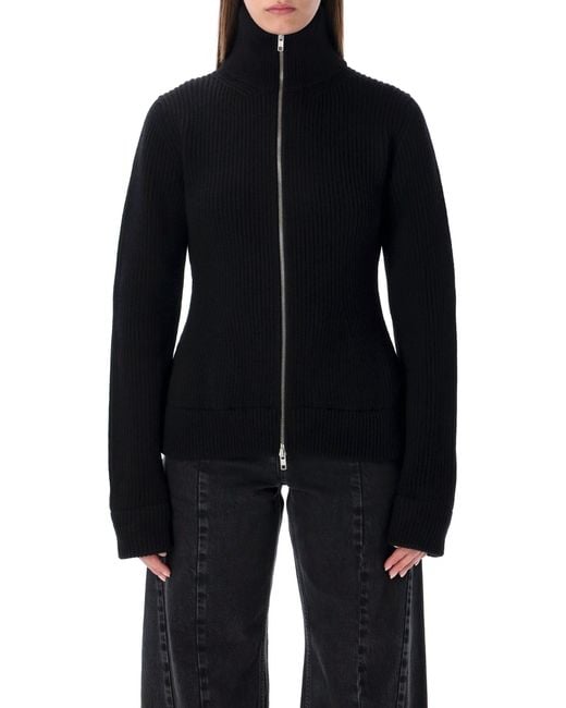 Maison Margiela Blue Wool Ribbed Zip-Up High-Neck Cardigan