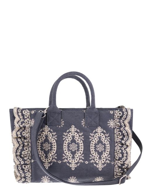 Mc2 Saint Barth Blue Cotton Canvas Tote Bag With Floral Embroidery And Ruffles