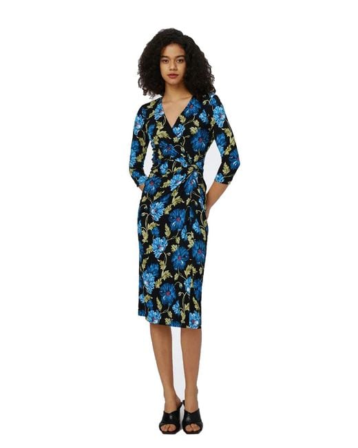 Diane von Furstenberg Blue Floral Wrap Midi Dress With Elegant V-Neckline