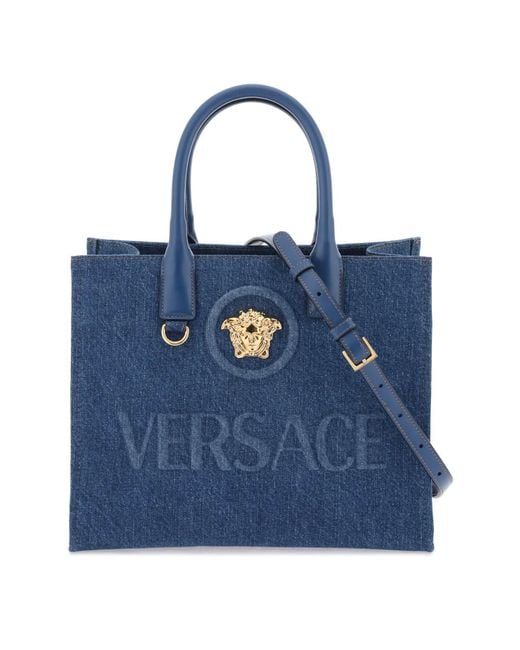 Borsa Tote La Medusa In Denim Piccola di Versace in Blue