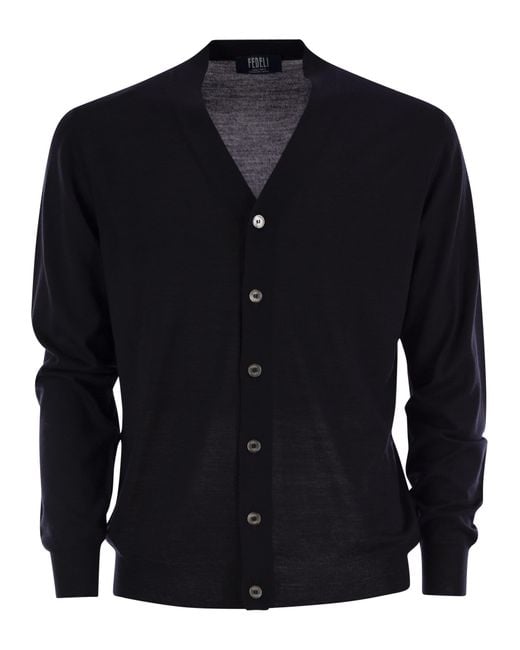 Fedeli Blue Lightweight Virgin Wool Cardigan for men