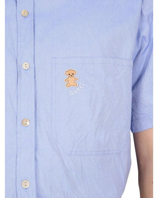 Gucci Blue Shirt With Bear On Pocket for men