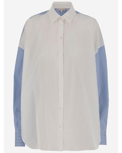 HER SHIRT HER DRESS Haar Shirt Katoen En Zijden Shirt Met Gestreept Patroon in het White