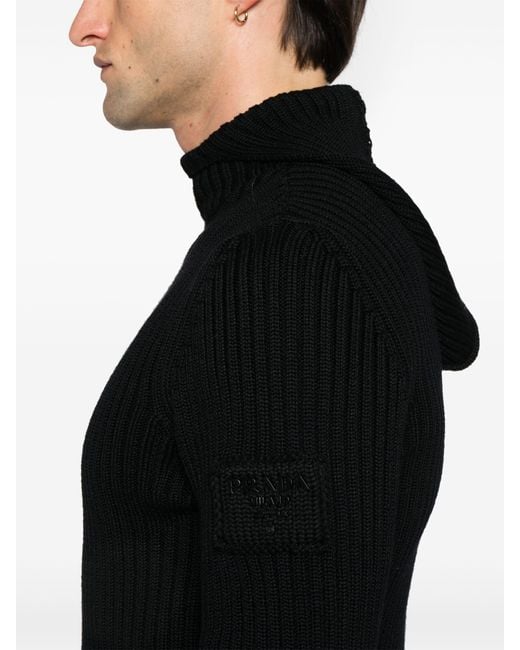 Prada Black Ribbed-Knit Hoodie for men