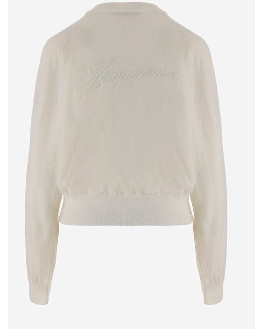 Jacquemus Natural Merino Wool Sweater With Logo Embroidery