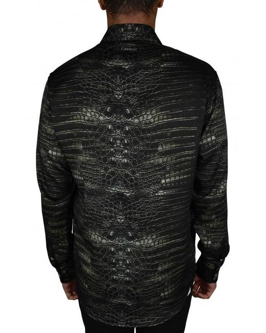 Roberto Cavalli Black Caiman Print Casual Shirt With Cord Piping for men