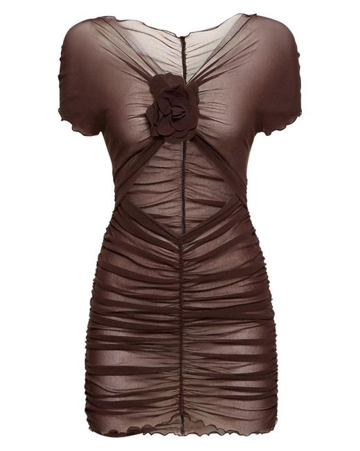 Philosophy Di Lorenzo Serafini Brown Ruched Mini Dress With Floral Detail And Sheer Overlay