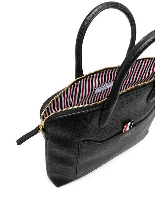 Thom Browne Black Schmale Aktentasche aus genarbtem Leder
