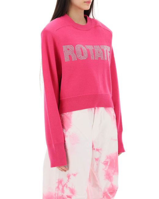 ROTATE BIRGER CHRISTENSEN Roteer Rhinestone Logo Organic Cotton Sweater in het Pink