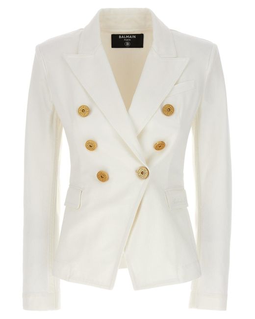 Balmain Double Breasted Tweed Blazer Met Logo -knoppen in het White