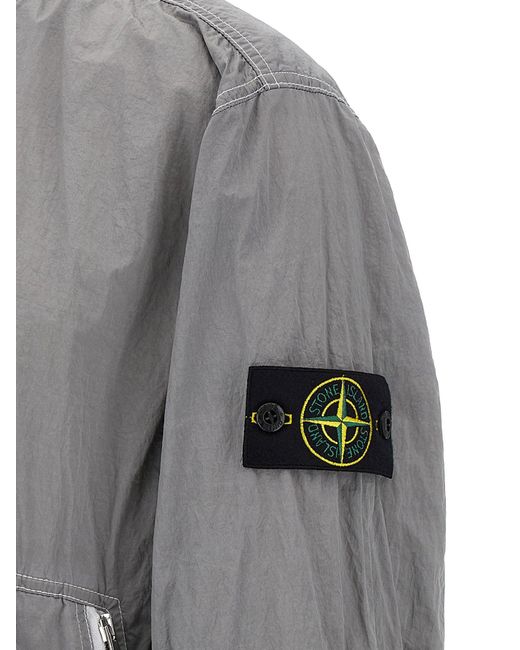 Stone Island Gray Wrinkled Nylon Bomber Jacket With Side Logo for men