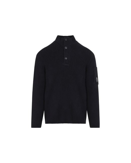 C P Company Blue Full Rib Half-Button Crewneck Sweater for men