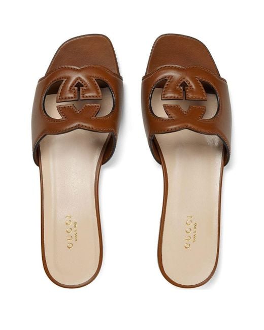 Gucci Brown Interlocking G Cut-out Leather Sliders