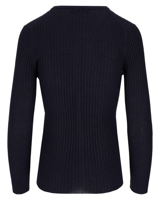 LA ROSE Blue Cash/Silk Ribs R Neck Cardigan