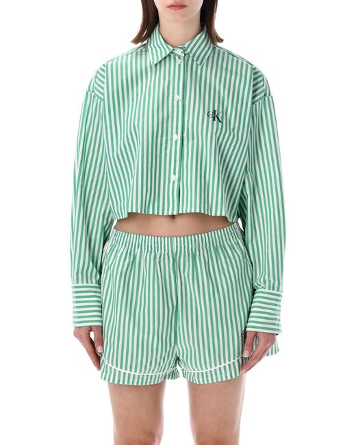 Calvin Klein Cropped Gestreepte Pyjamatop in het Green