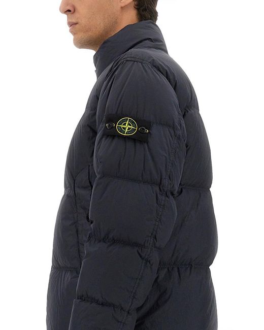 Stone Island Blue Solid Mock Collar Jacket for men
