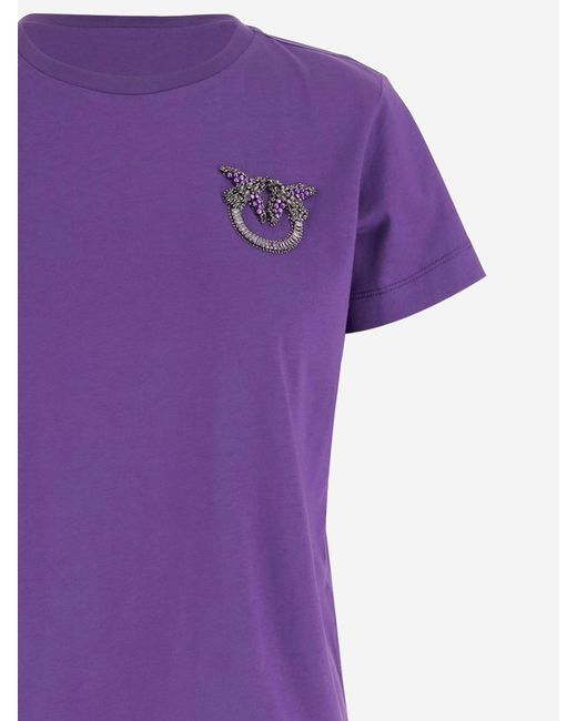 Pinko Purple Cotton T Shirt With Love Birds Jewel Embroidery