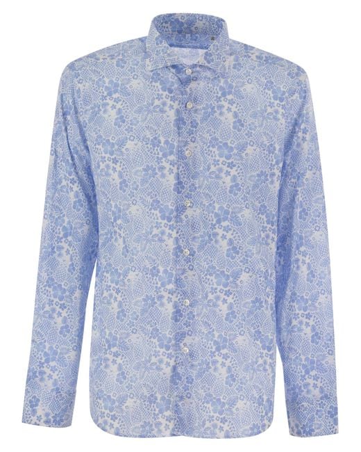 Fedeli Blue Printed Stretch Cotton Voile Shirt