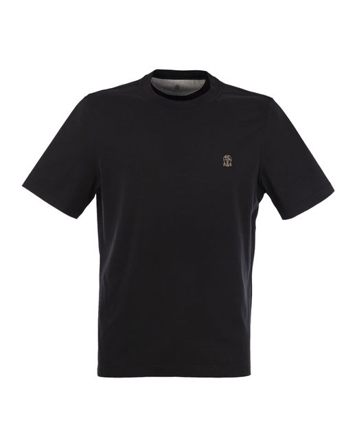 Brunello Cucinelli Slim Fit Crew Neck T -Shirt in Wattestäbejersey mit Logo in Black für Herren