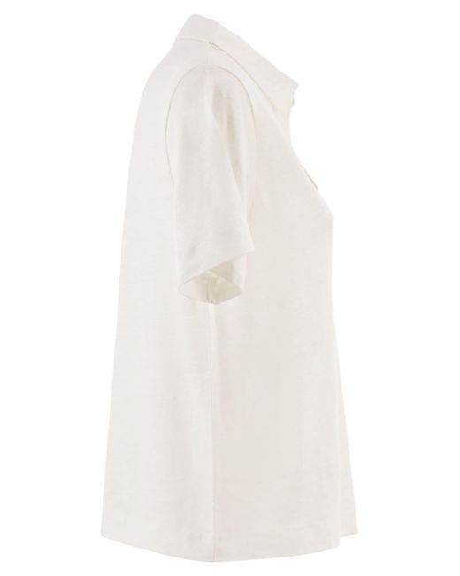 Majestic White Cropped Linen Stretch Polo With V-Neck