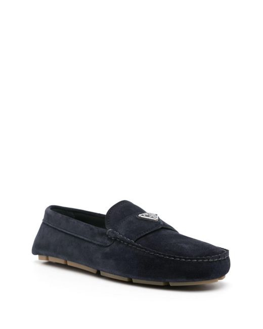 Prada Blue Enamel-Triangle-Logo Suede Loafers for men