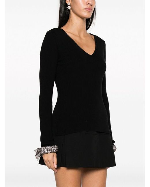 GIUSEPPE DI MORABITO Black Braided-Cuffs Ribbed-Knit Top