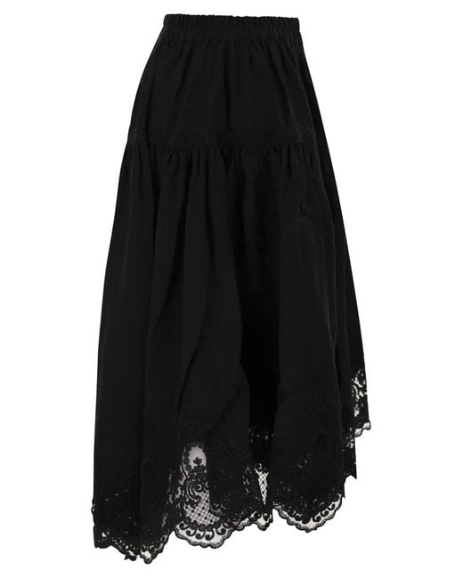 Maurizio Mykonos Black Linen And Rayon Midi Skirt With Embroidered Hem