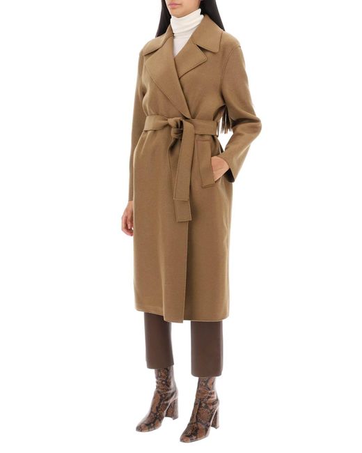 Harris Wharf London Brown Long Robe Coat In Pressed Wool And Polaire