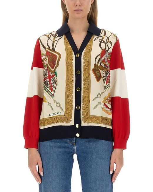 Gucci Red Extra Fine Wool Cardigan With Print