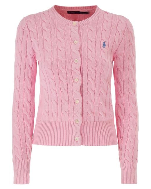 Polo Ralph Lauren Pink Cable Knit Cotton Crew Neck Cardigan