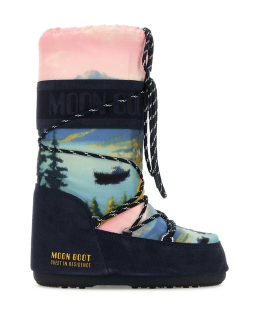 Moon Boot Blue Printed Canvas And Suede X Guest In Residence Icon Boots