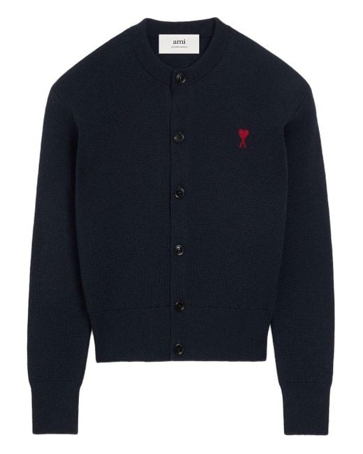 AMI Blue Cropped Wool Cardigan With Embroidered Heart Detail