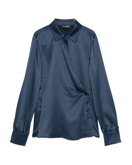 Emporio Armani Blue Wrap Front Collared Shirt With Buttoned Cuffs
