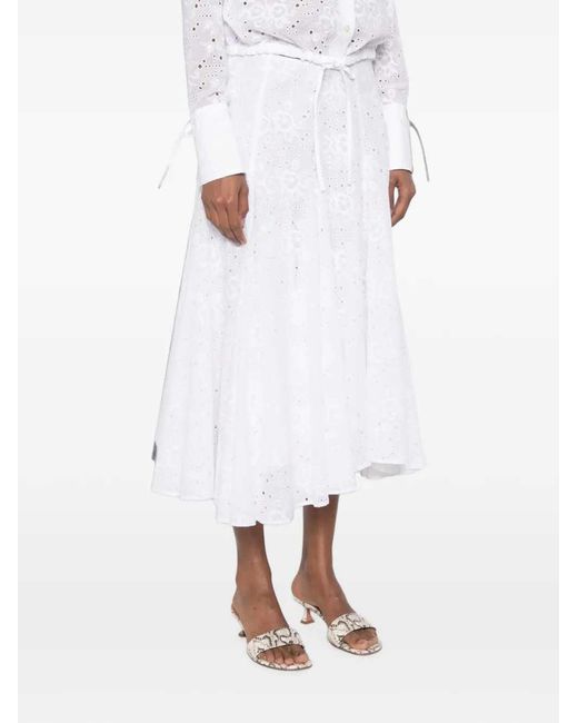 Tory Burch White Broderie Anglaise Midi Skirt With Drawstring Waist