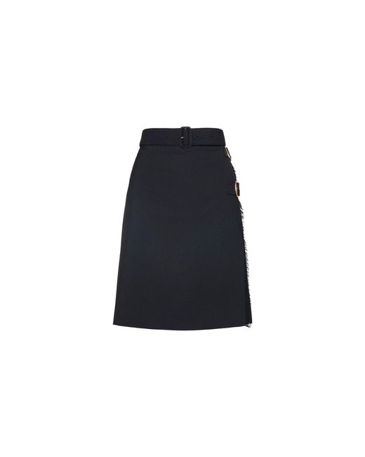 Burberry Blue Pleated Panel Wool Blend Belted Kilt Skirt