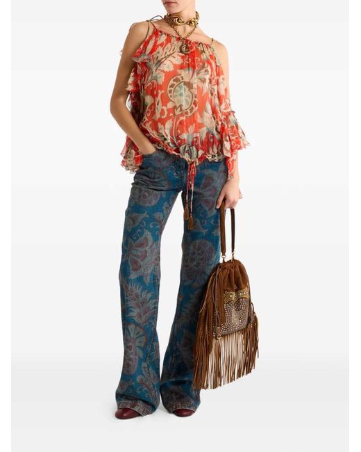 Etro Red Single-Sleeve Silk Top With Floral Motif