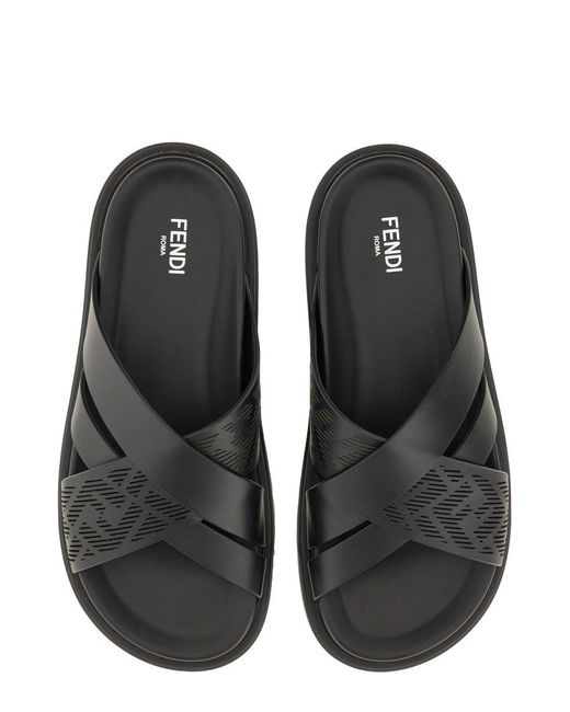Fendi Black Crossed Band Slides for men