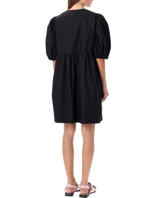 Ganni Black Cotton Poplin Mini Dress With Bows