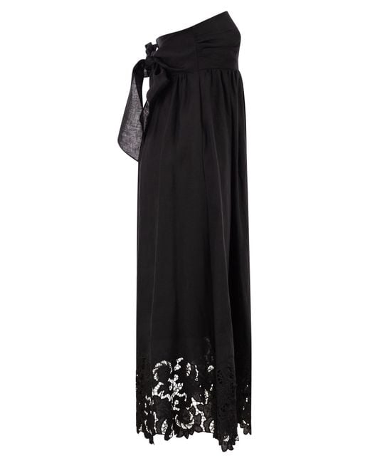 Max Mara Black Strapless Linen Dress With Embroidered Hem