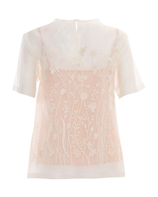 P.A.R.O.S.H. Natural Sheer Silk Blouse With Floral Embroidery