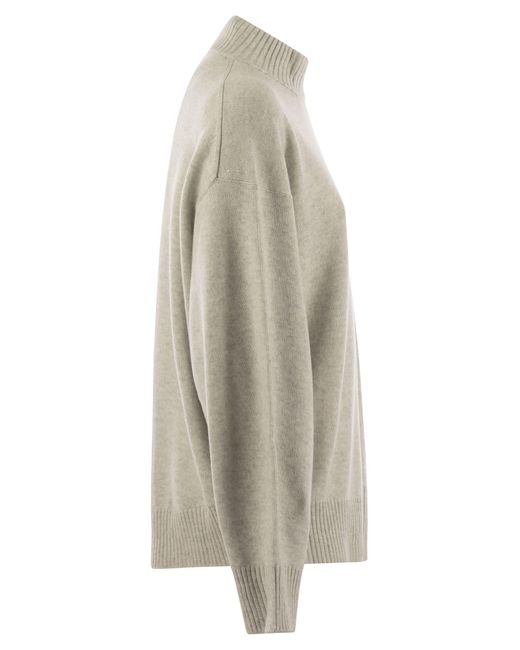 Brunello Cucinelli Gray Cashmere Chimney Neck Sweater With Shiny Cuff Details