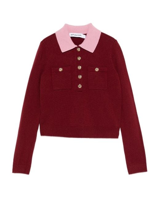 Self-Portrait Red Burgundy Contrast Collar Knit Top