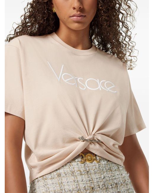 Versace Logo Borduurwerk T -shirt in het Natural
