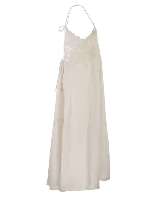 Maurizio Mykonos White Long Linen Dress With Embroidered Bodice And Slim Straps